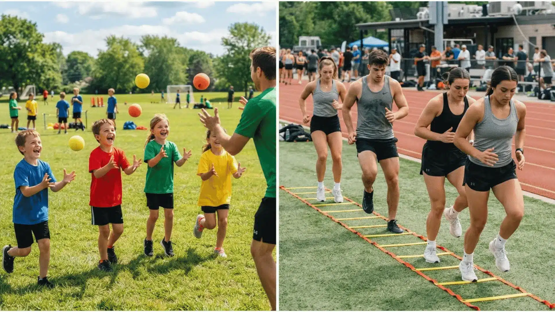 kids practicing football catches and running agility ladders at summer sports camp