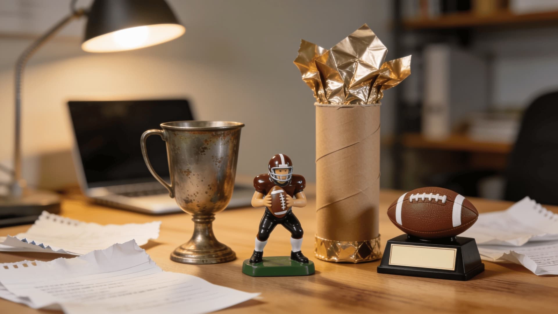 budget fantasy football trophies on office desk