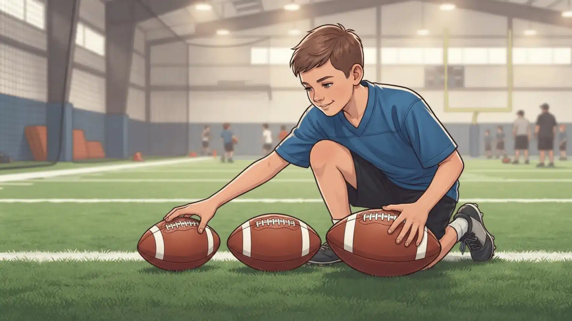 a boy in a blue shirt kneels on an indoor football field while arranging three footballs on the turf