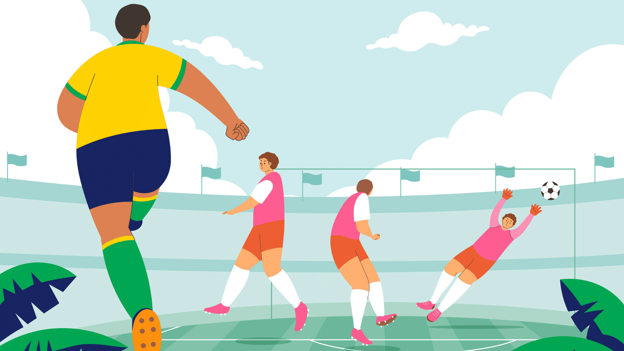 vector image of a player in yellow jersey shooting the ball into the goal while the goalkeeper tries to save it in a pink jersey