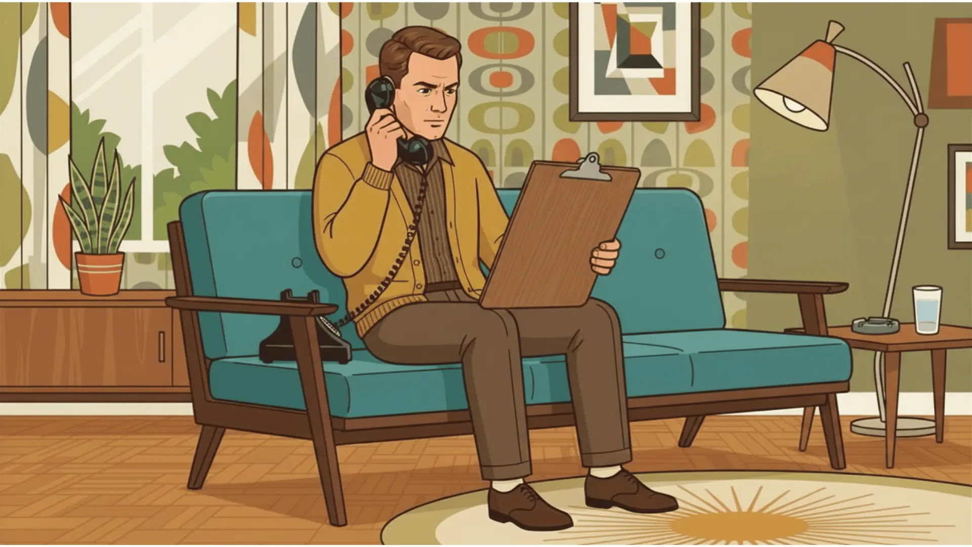 retro vector art of a man on a rotary phone looking at a clipboard with blank football jersey shapes