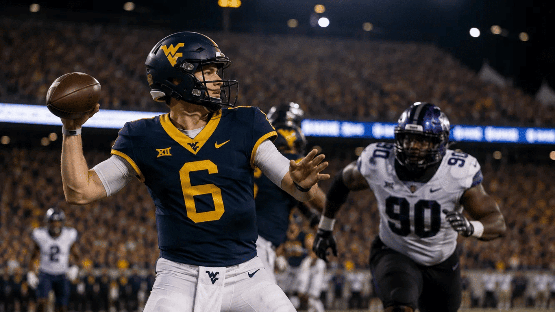 west virginia quarterback number 6 throws under pressure from a tcu defender number 90