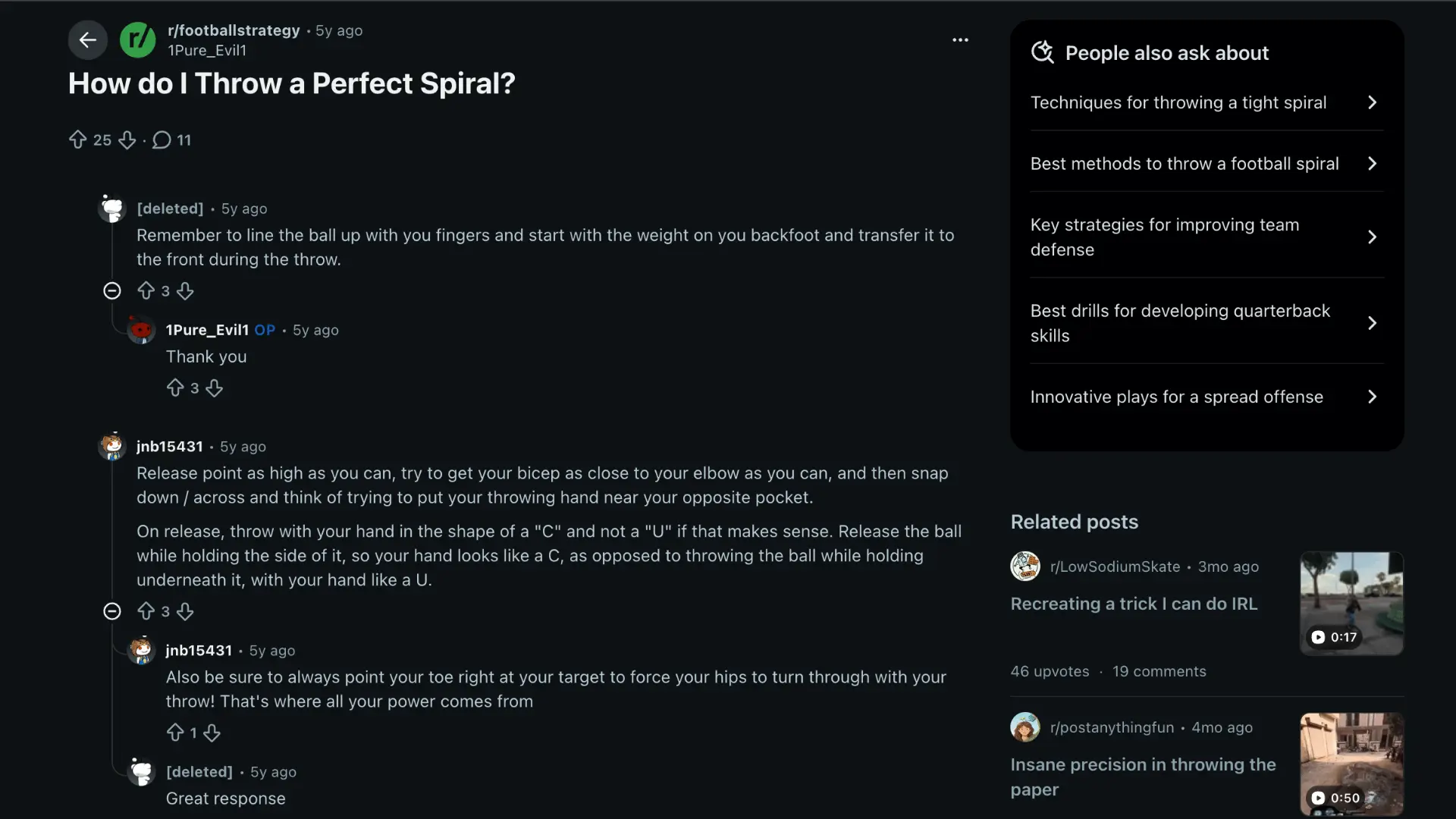 a dark mode reddit thread asks how to throw a perfect spiral with comments about grip release and footwork