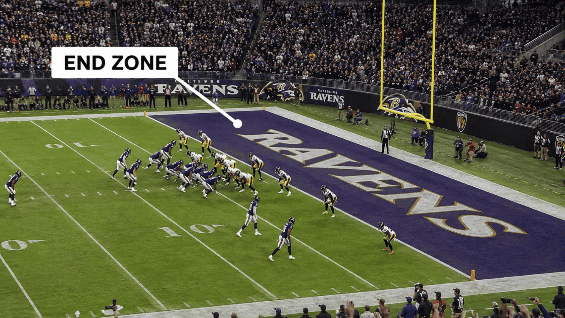 what is the end zone shown during a live baltimore ravens nfl game at a packed stadium
