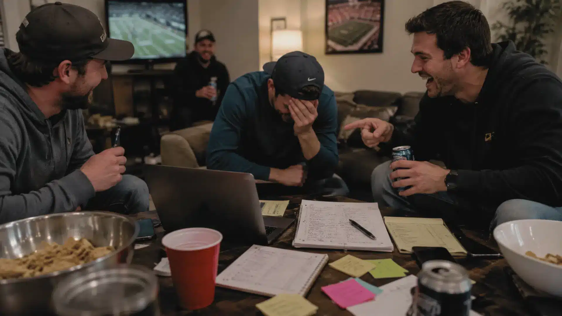 friends laugh around laptop and draft notes during funny fantasy football team name planning
