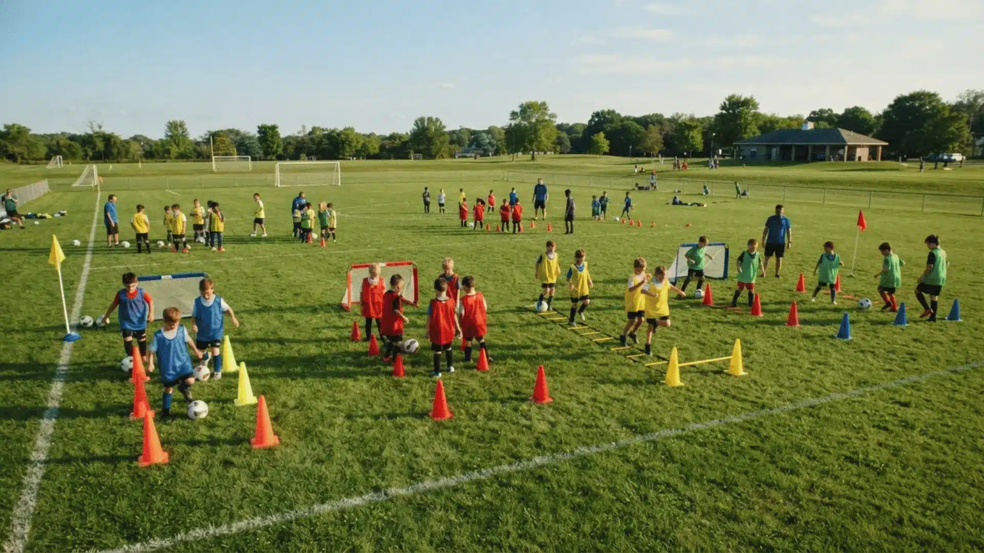kids rotating through different football skill stations marked by colorful cones