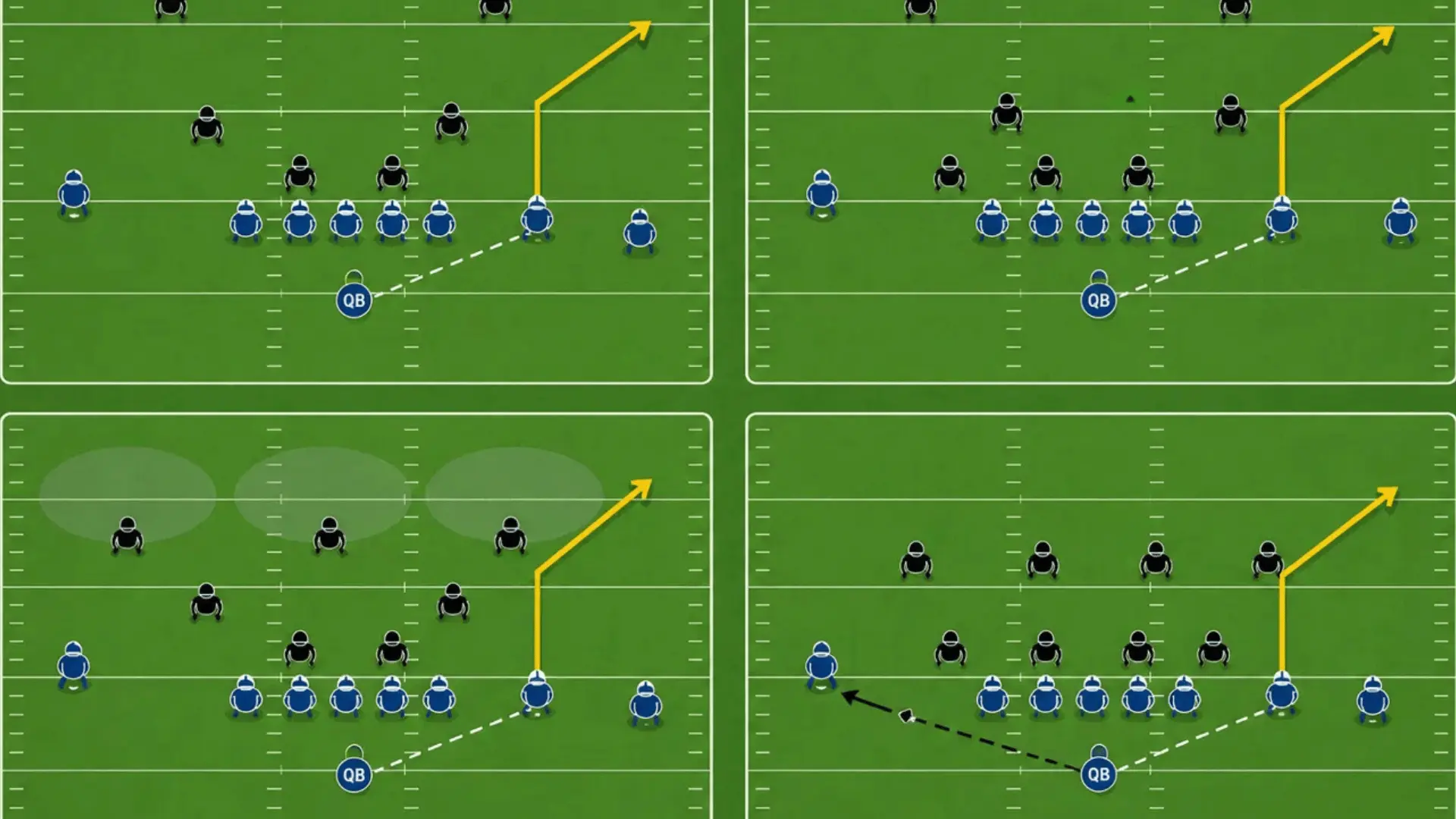 four football play diagrams showing the sluggo route against different defensive coverages and formations