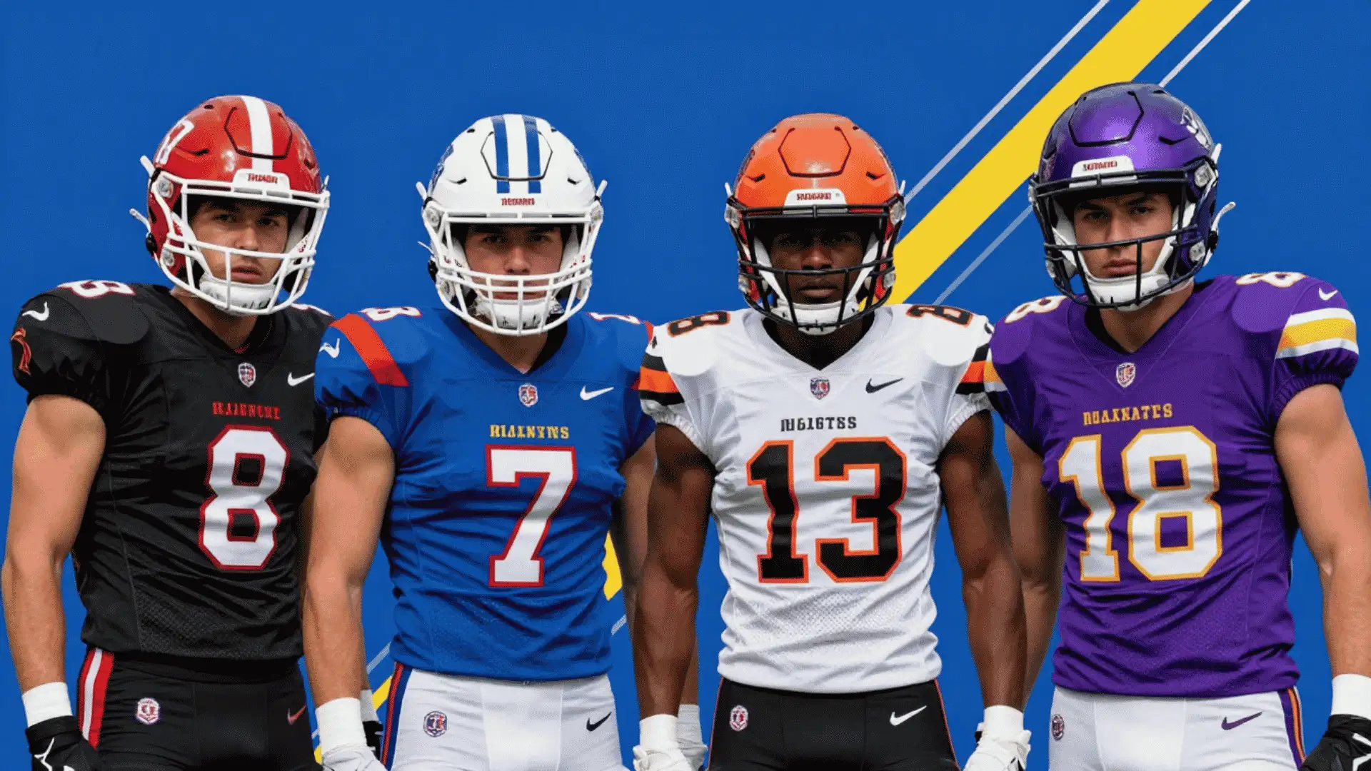 four football players in colorful uniforms standing together for a fantasy draft style graphic