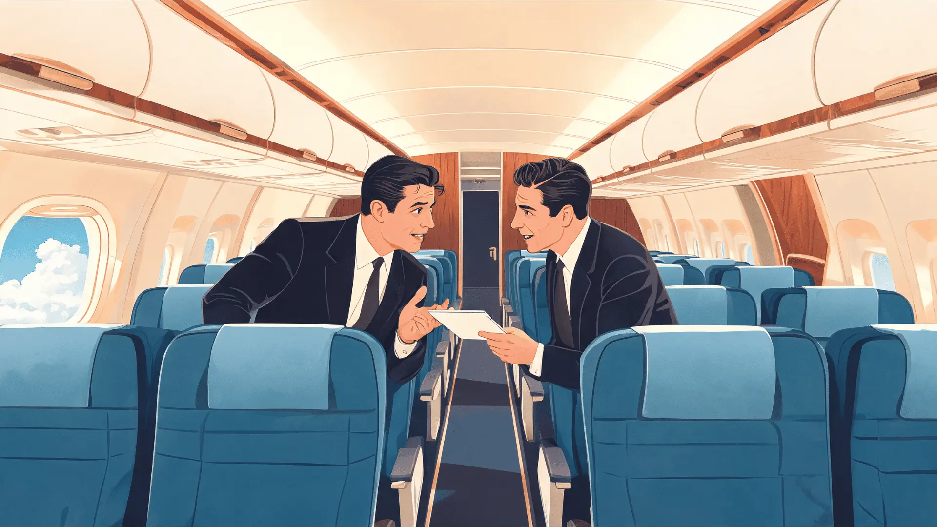 two men wearing vintage suits talking over a notepad inside an old airplane cabin