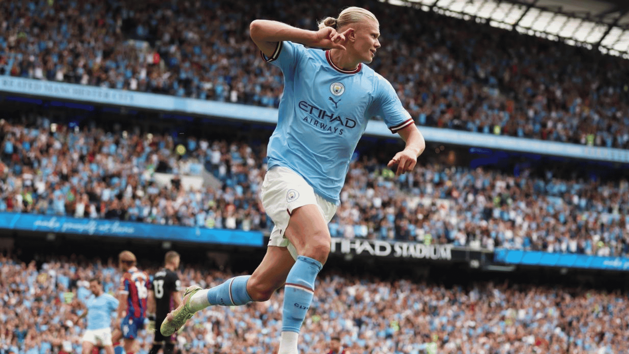wide angle focus shot on erling haaland wearing his machester city jersey celebrating his goal running with his finger to his ears