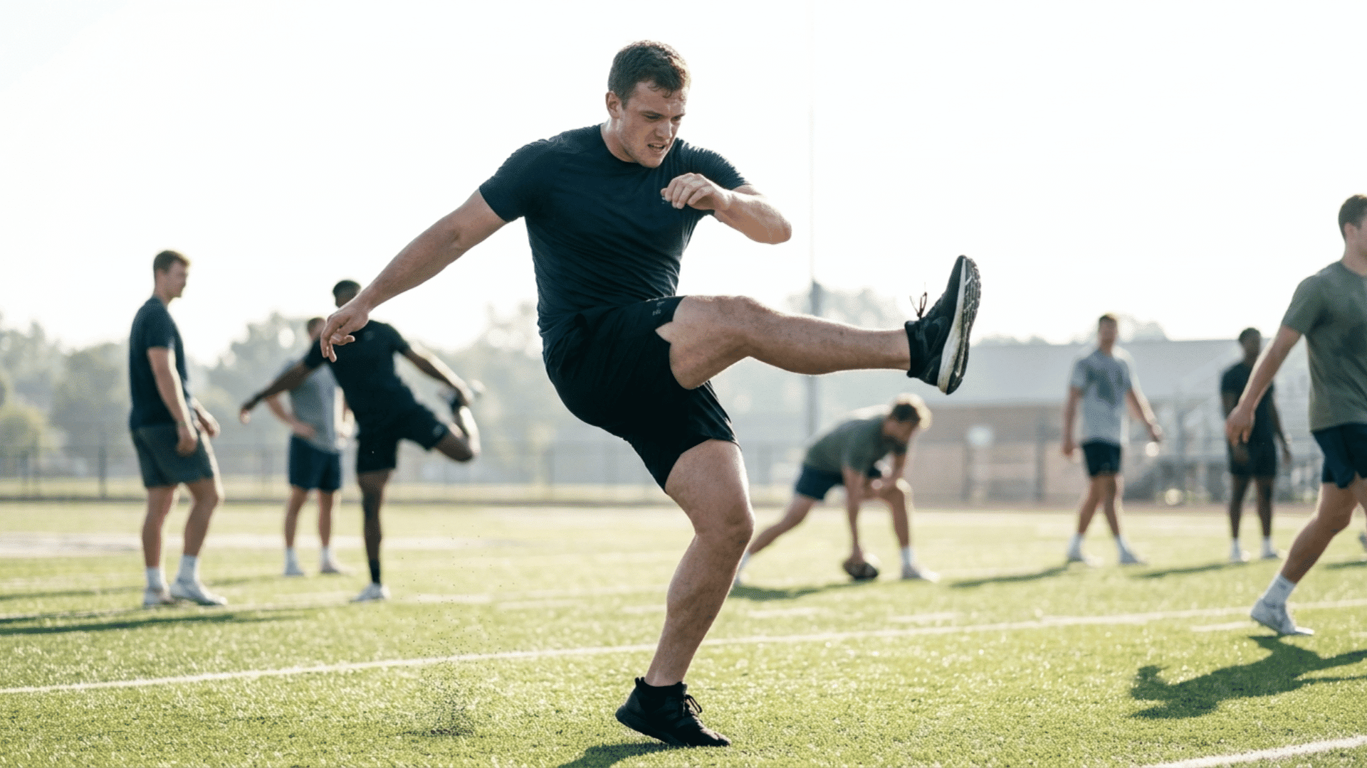 young athlete doing dynamic leg swing warm ups on a turf field with teammates behind