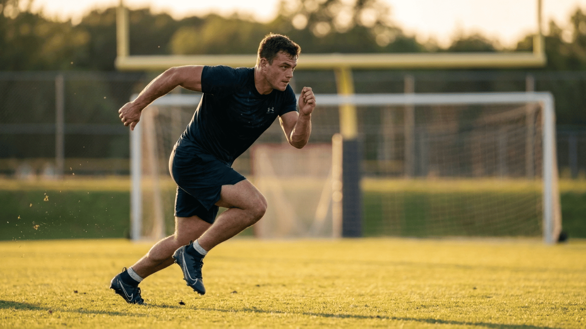 young football player sprinting across a sunlit outdoor practice field during a training session
