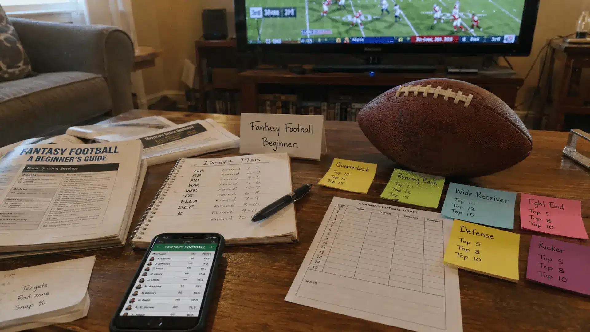 a beginner fantasy football setup with a ball draft guide notebook phone ranking notes and a game on television