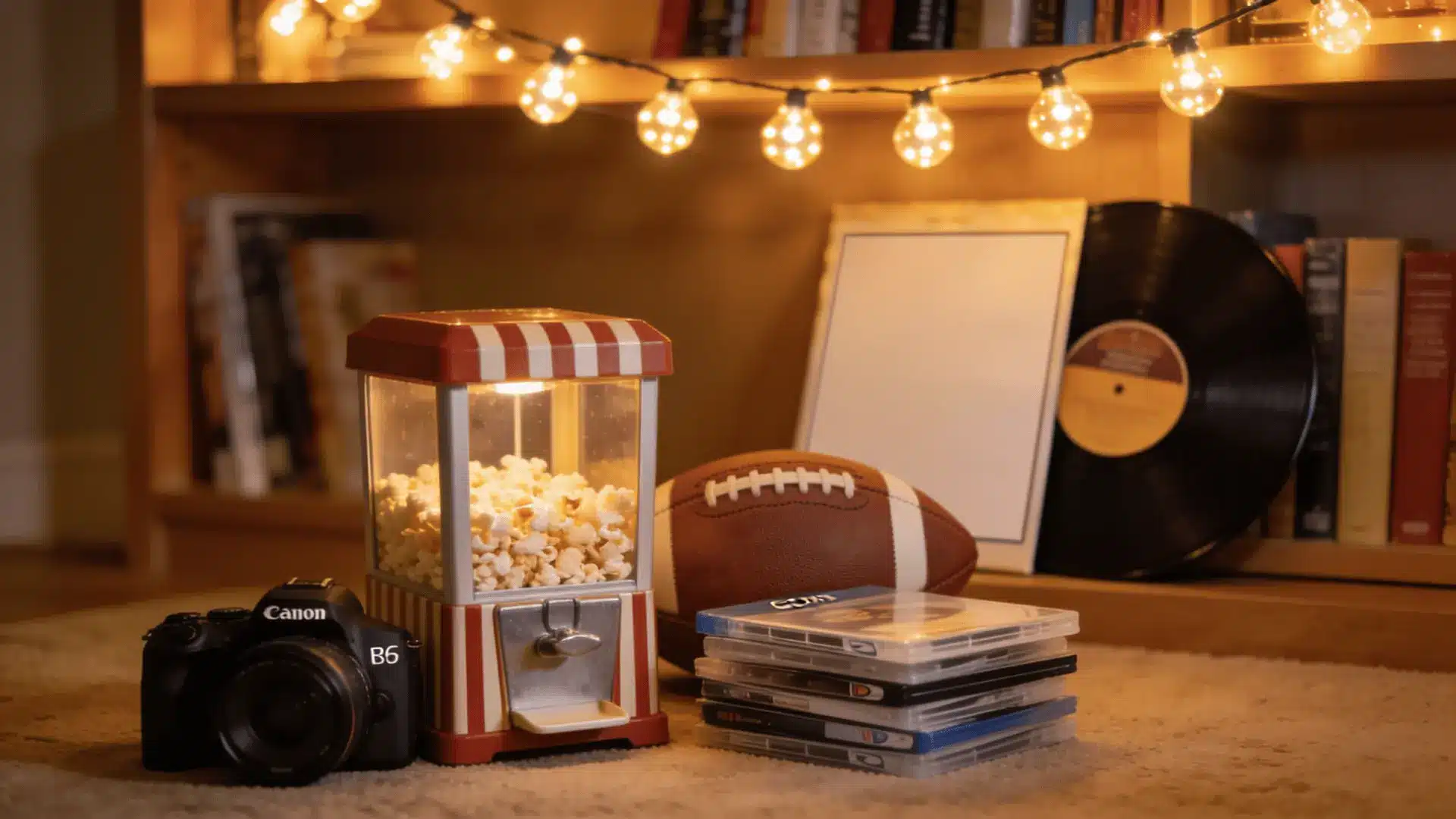 a camera popcorn machine football and stacked discs sit before books and glowing string lights in a cozy room