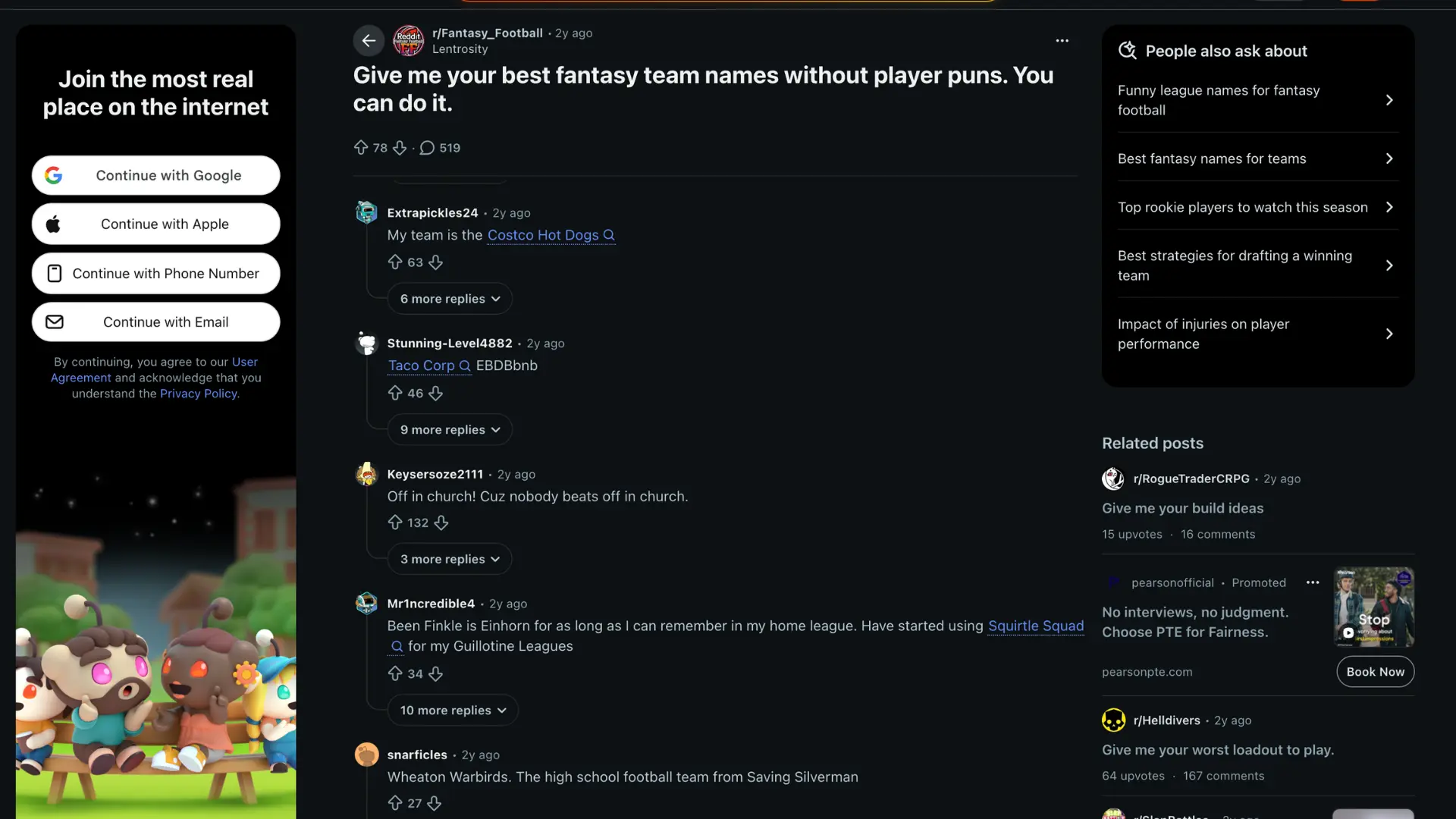 a dark reddit screenshot showing a fantasy football thread with comments a sign in panel and related posts
