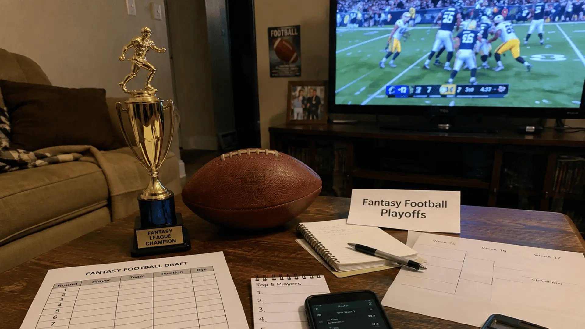 a fantasy football trophy and ball sit with draft sheets notebooks phones and a playoff bracket before a televised game