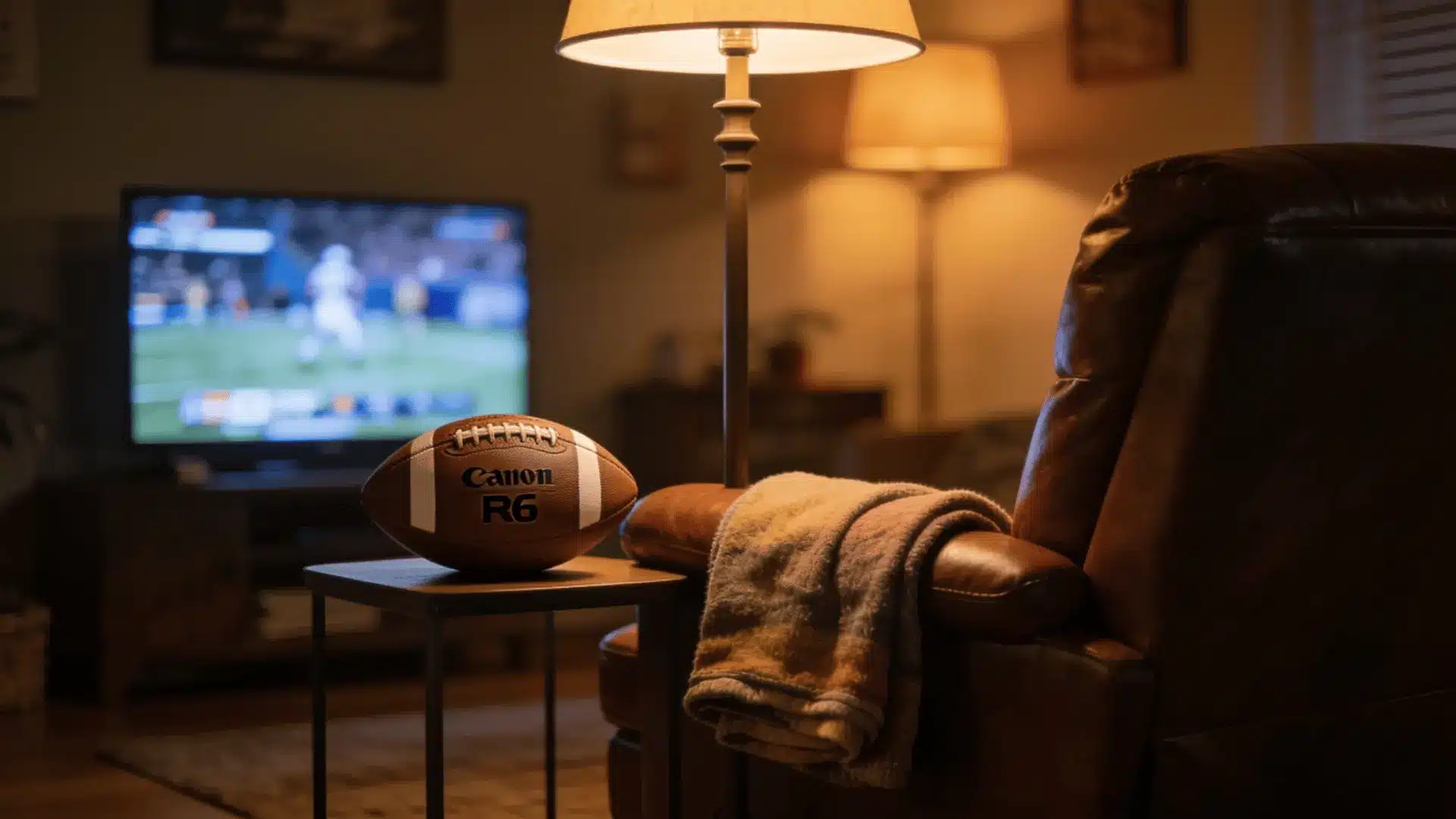 a football rests beside a leather recliner and folded blanket while a televised game plays in the background