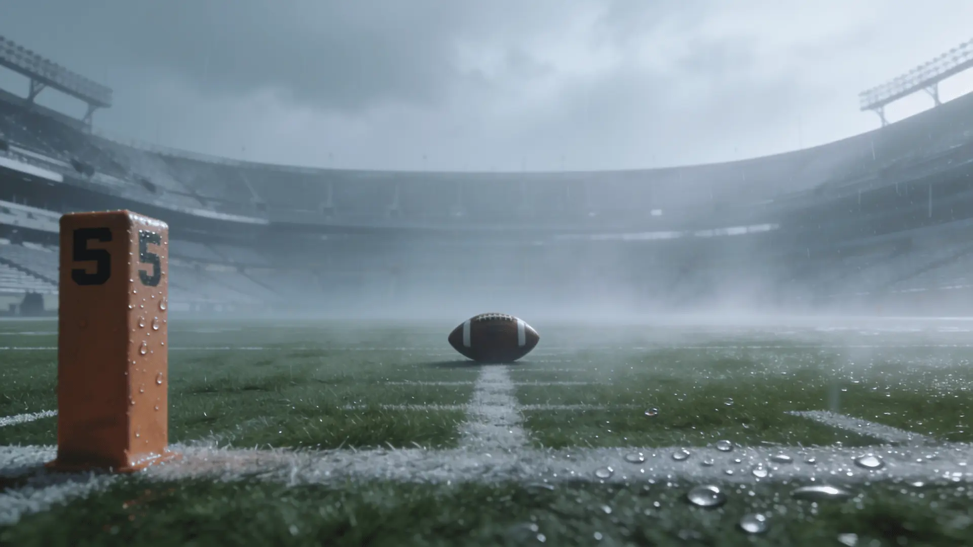 a football rests on a rain soaked stadium field beside a wet yard marker beneath dark storm clouds