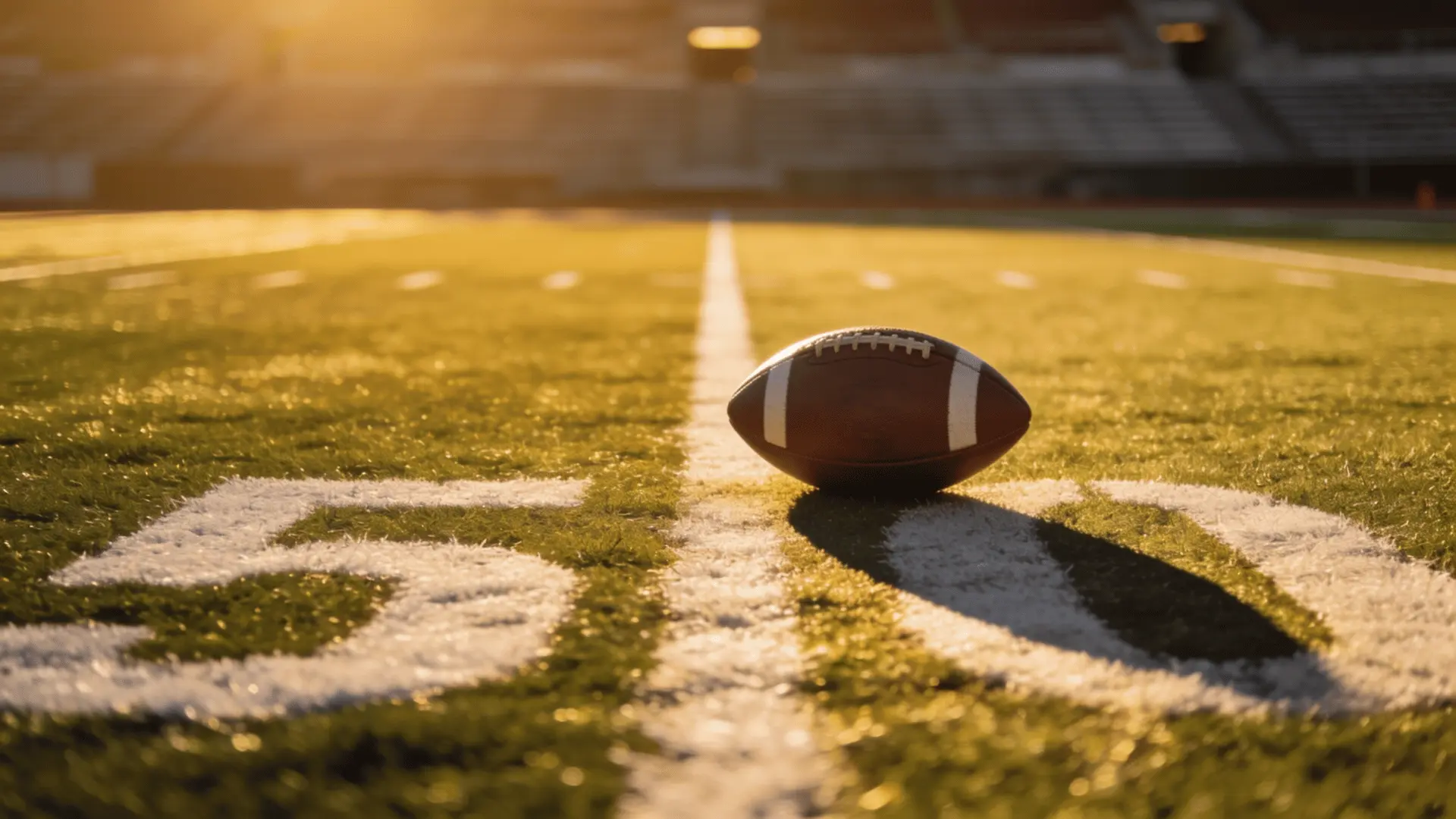 a football sits on a sunlit yard line casting a long shadow across an empty stadium field at dusk