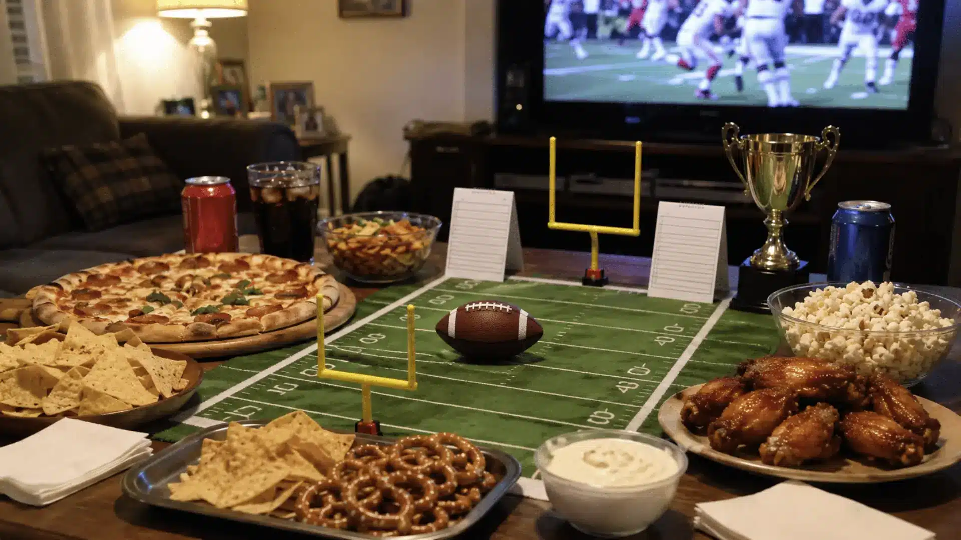 a football themed snack table with pizza wings popcorn chips pretzels a trophy and a game playing on television