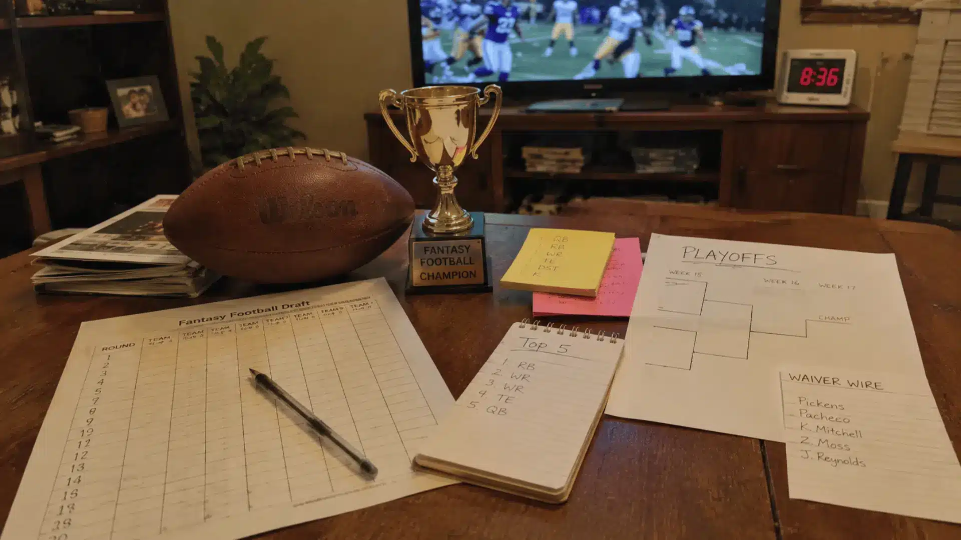 a football trophy and ball beside fantasy draft sheets player notes and a playoff bracket in front of a television