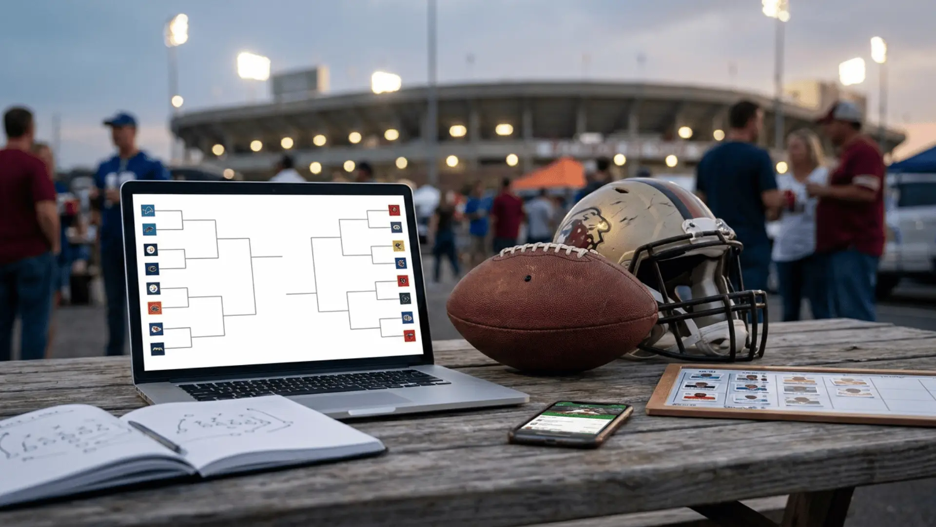 a laptop showing a football playoff bracket beside a ball helmet phone and notebook at a stadium tailgate