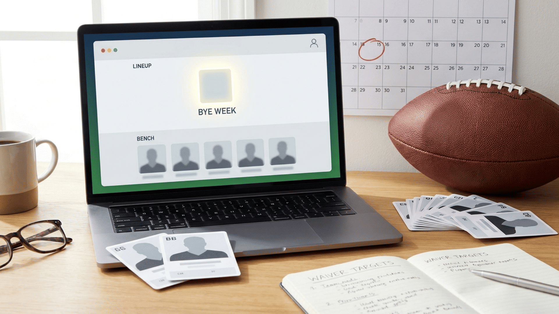 a laptop showing fantasy football bye week lineup with football cards calendar notebook mug and ball on desk