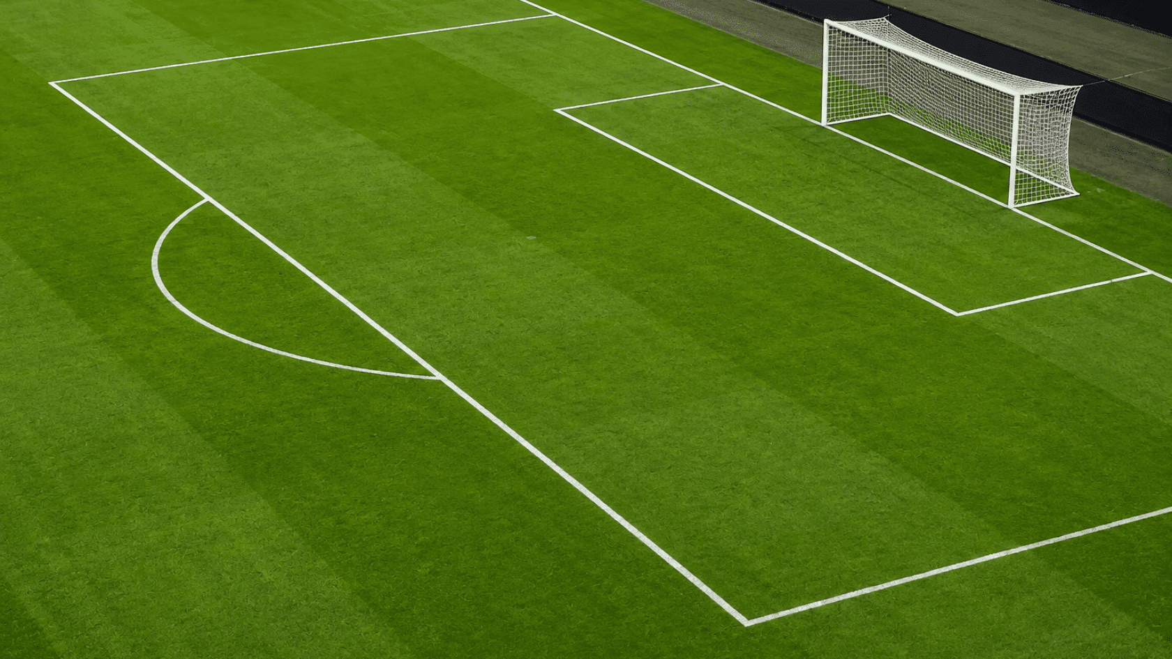 aerial view of a green soccer field showing the goal penalty box and crisp white markings