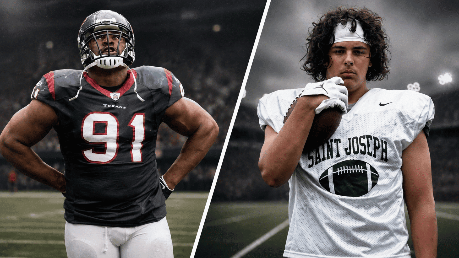 amobi okoye and marist veres royal in football uniforms, posing on opposite sides of a field.