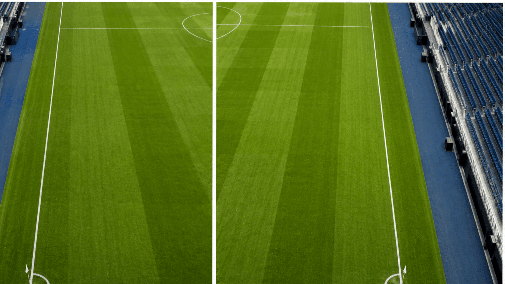 an aerial view shows crisp white touchlines bordering the neatly striped green soccer field