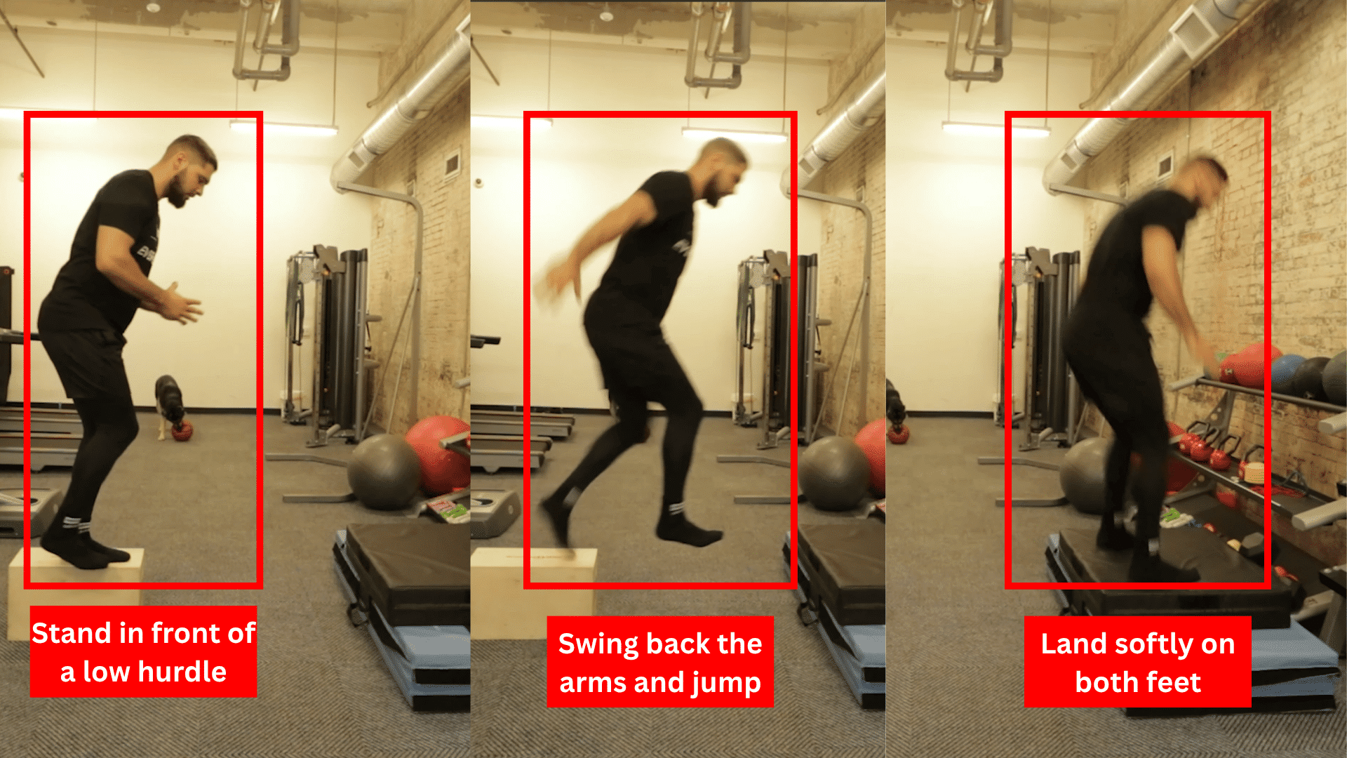 athlete jumping over a low hurdle with both feet while using an arm swing and landing softly under control