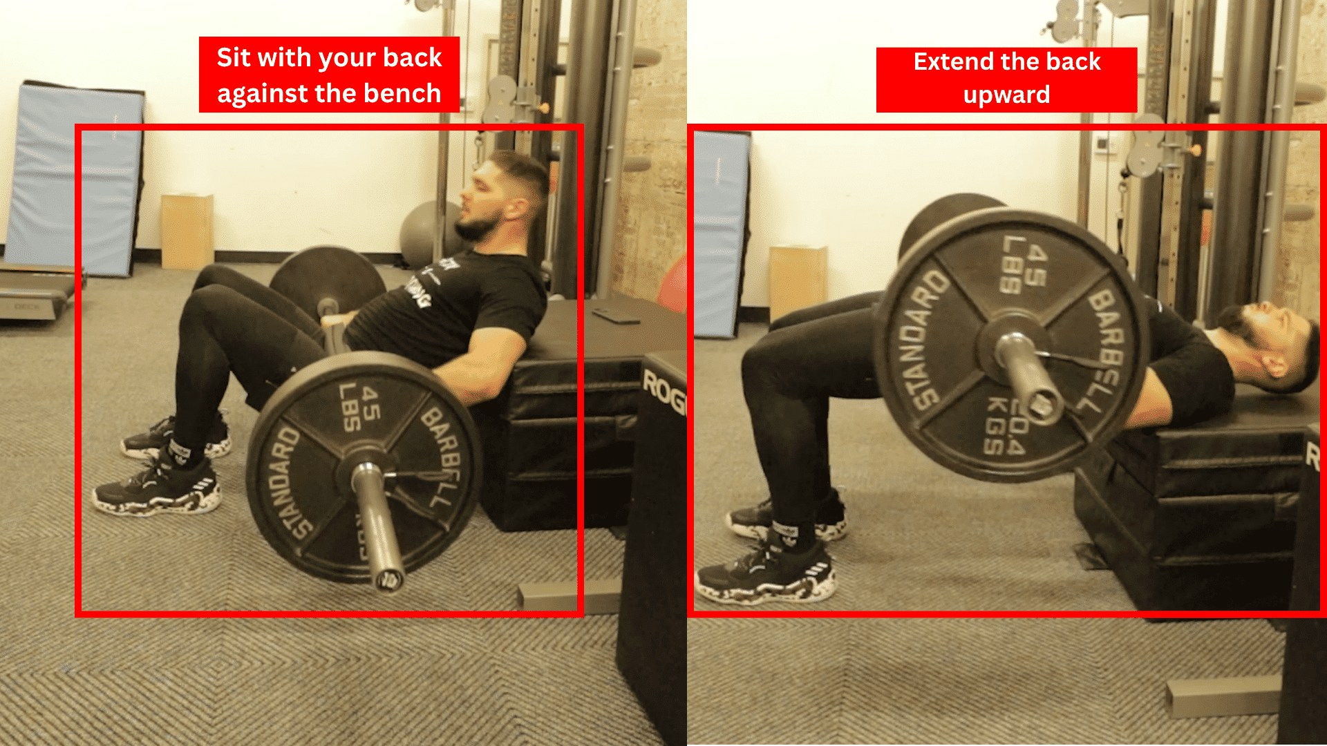 athlete performing a barbell hip thrust with upper back on a bench and hips extending upward through the glutes
