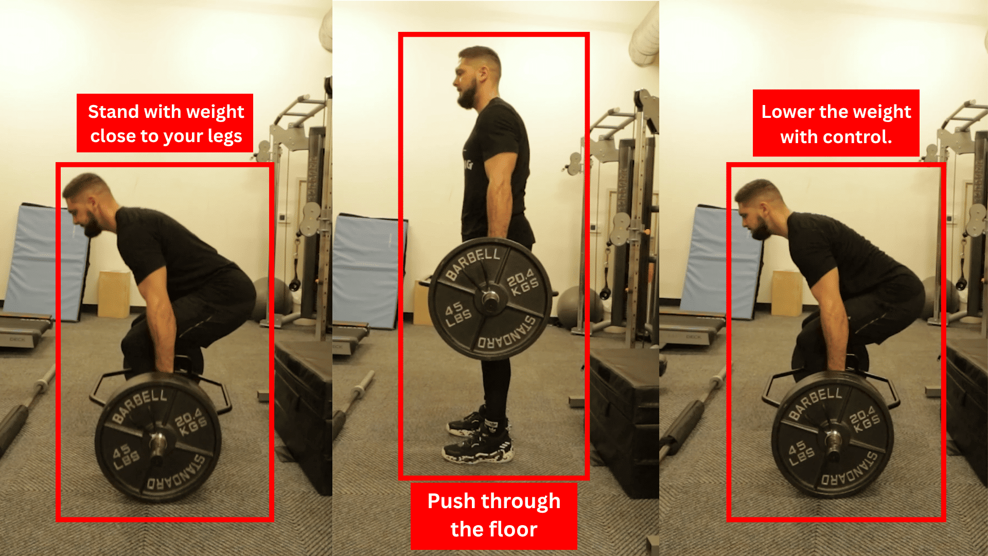 athlete performing a deadlift by lifting the bar from the floor with a braced core and strong hip extension