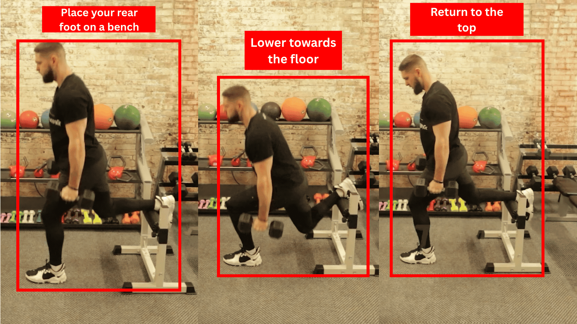 athlete performing a rear foot elevated split squat with the back foot on a bench and front leg driving upward