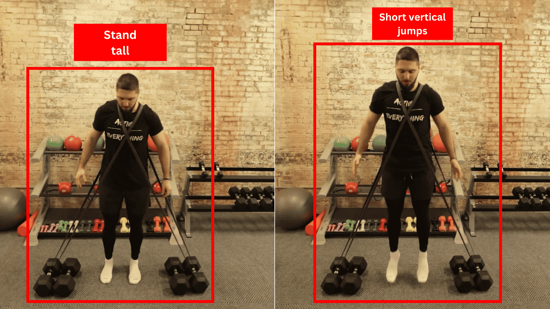 athlete performing banded pogo jumps with quick ankle rebounds short ground contact and an upright body position