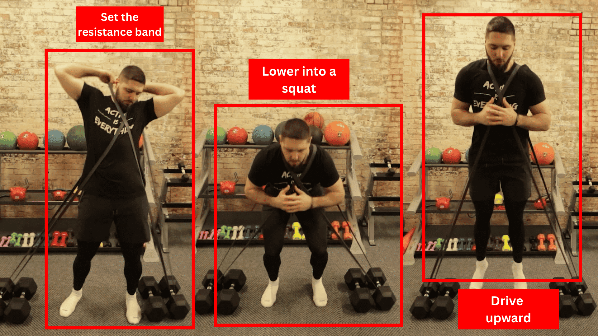 athlete performing banded squat jumps while driving upward against resistance and landing with balanced control