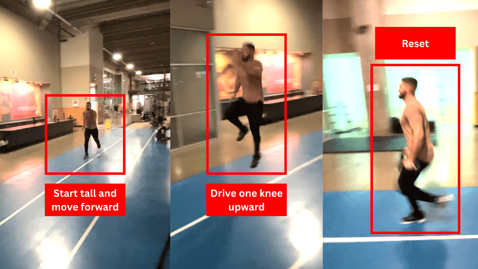 athlete performing power skips with one knee driving upward and opposite arm swinging for explosive height