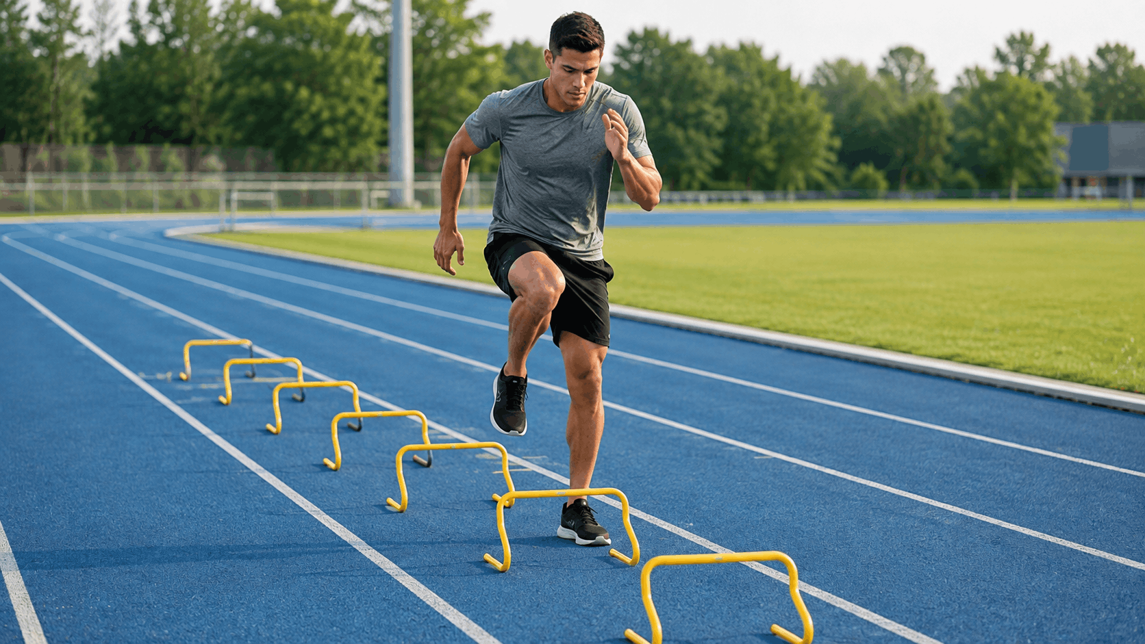 athletic man in black sportswear sprinting over yellow mini hurdles on an outdoor track