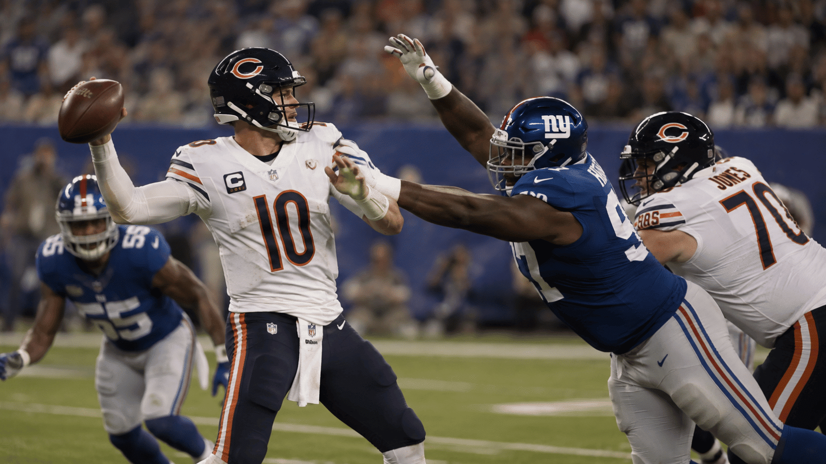 bears quarterback throws under pressure from a giants defender as a teammate blocks nearby