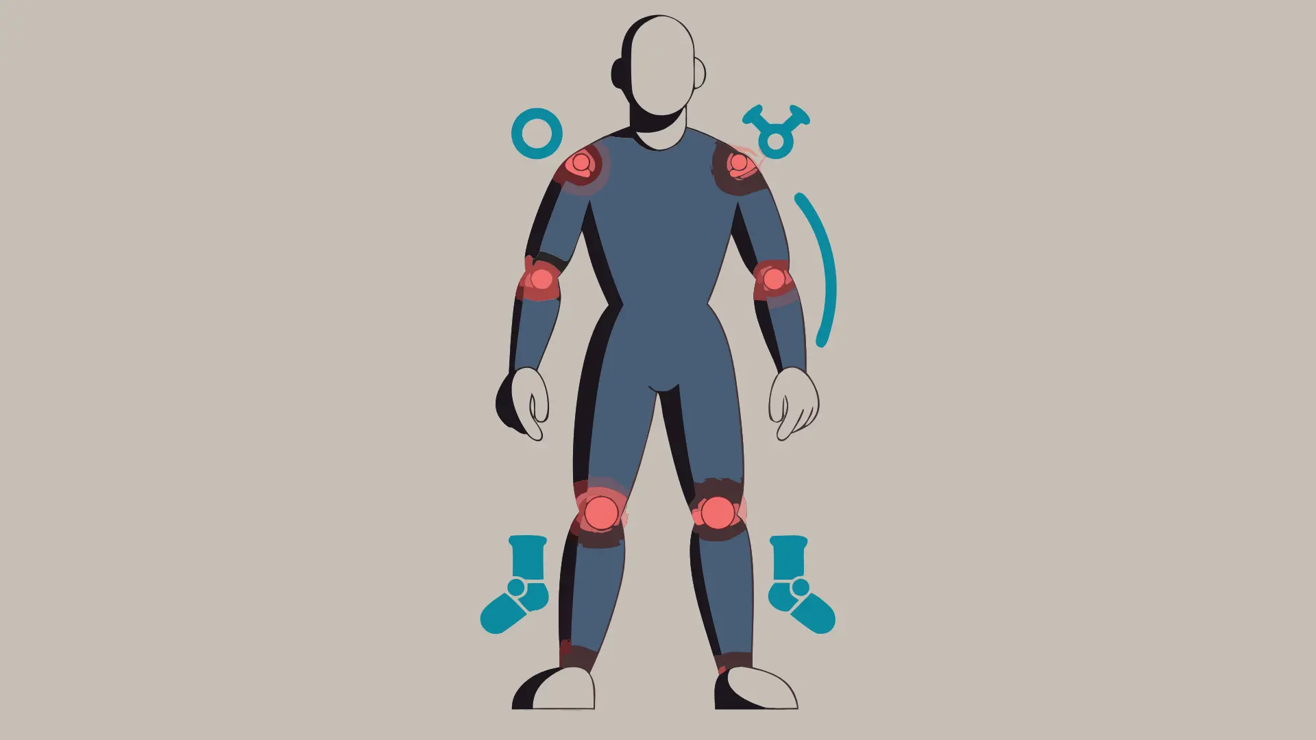 body map illustration highlighting common sports injury locations at knees ankles shoulders and back