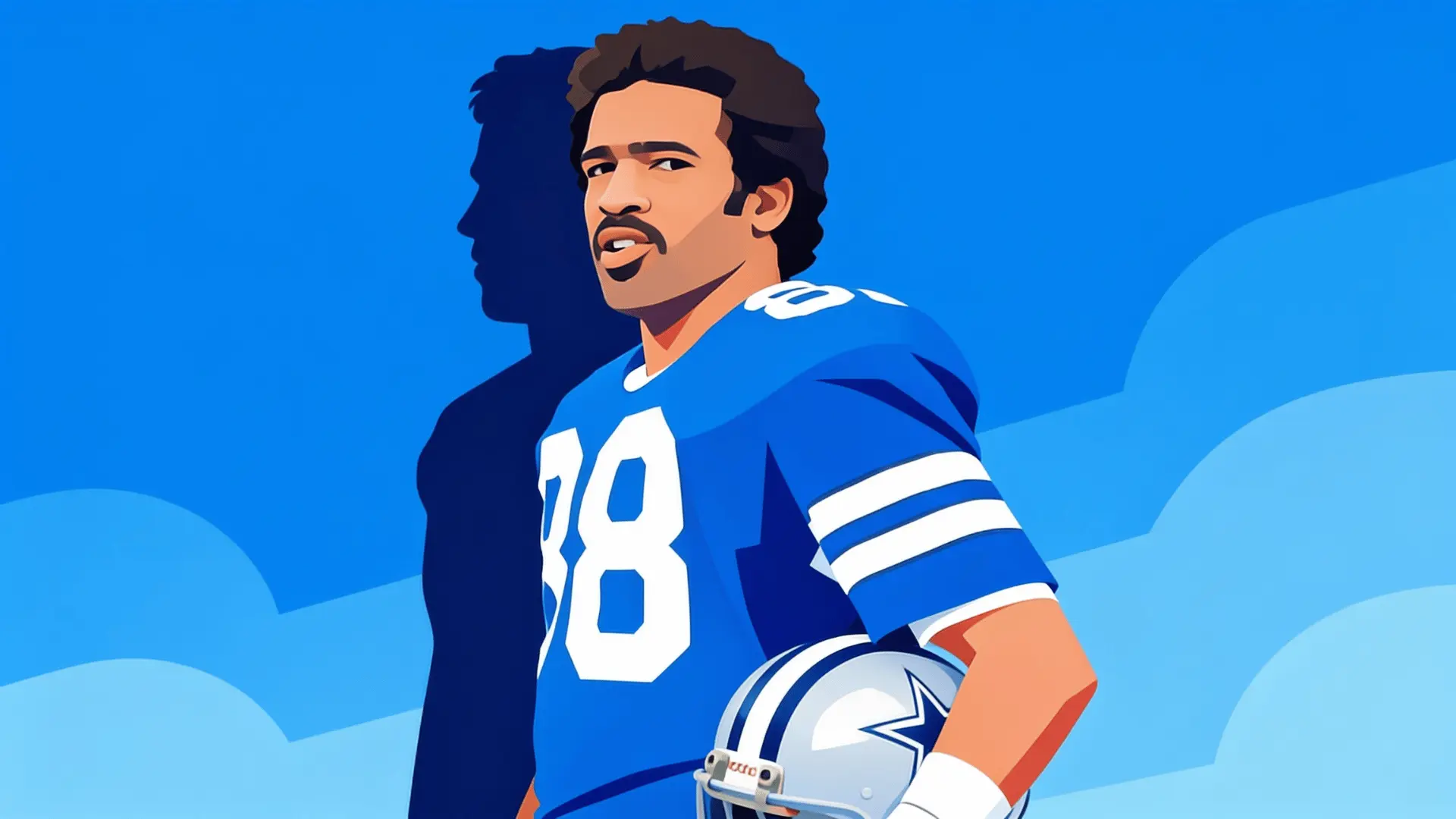 bright vector poster of a football player in blue uniform proudly holding a helmet at his side