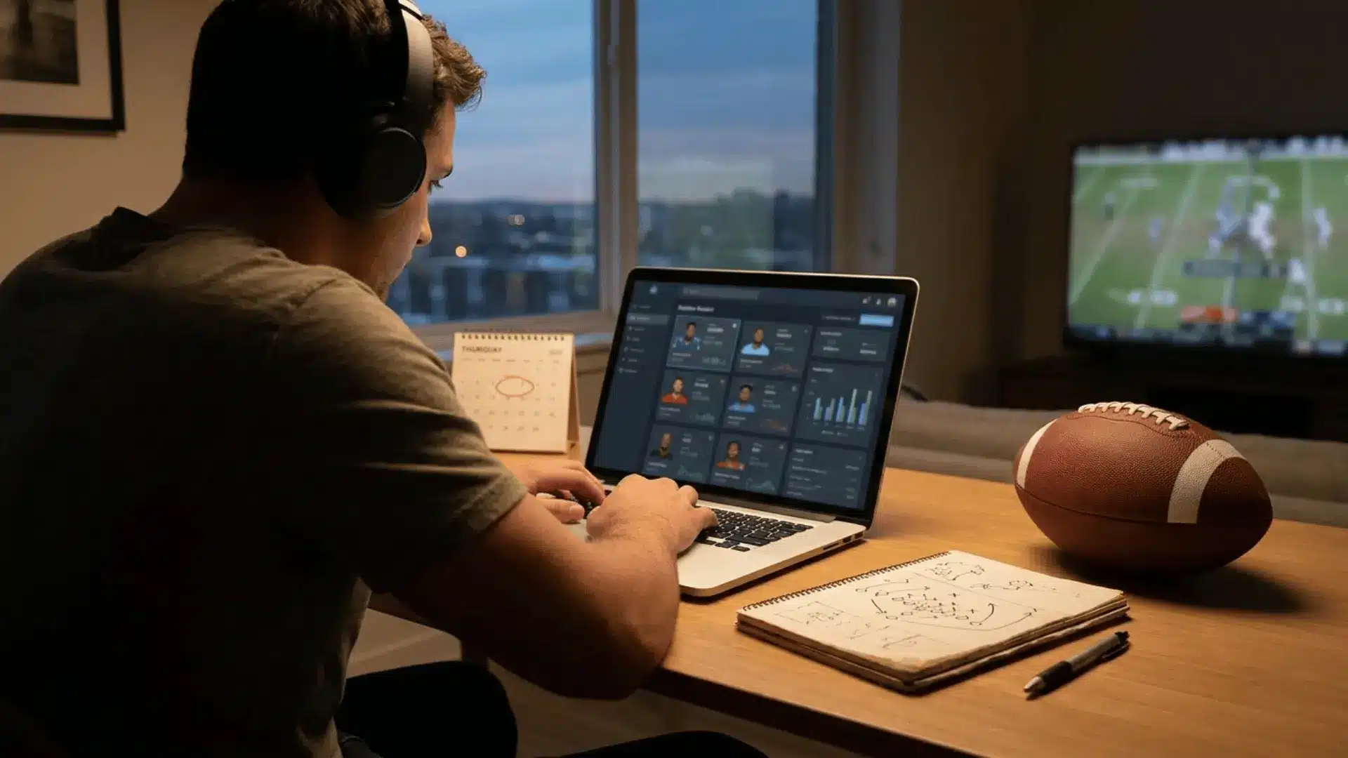 a man wearing headphones works on a fantasy football dashboard while a game plays on tv beside a football on a desk