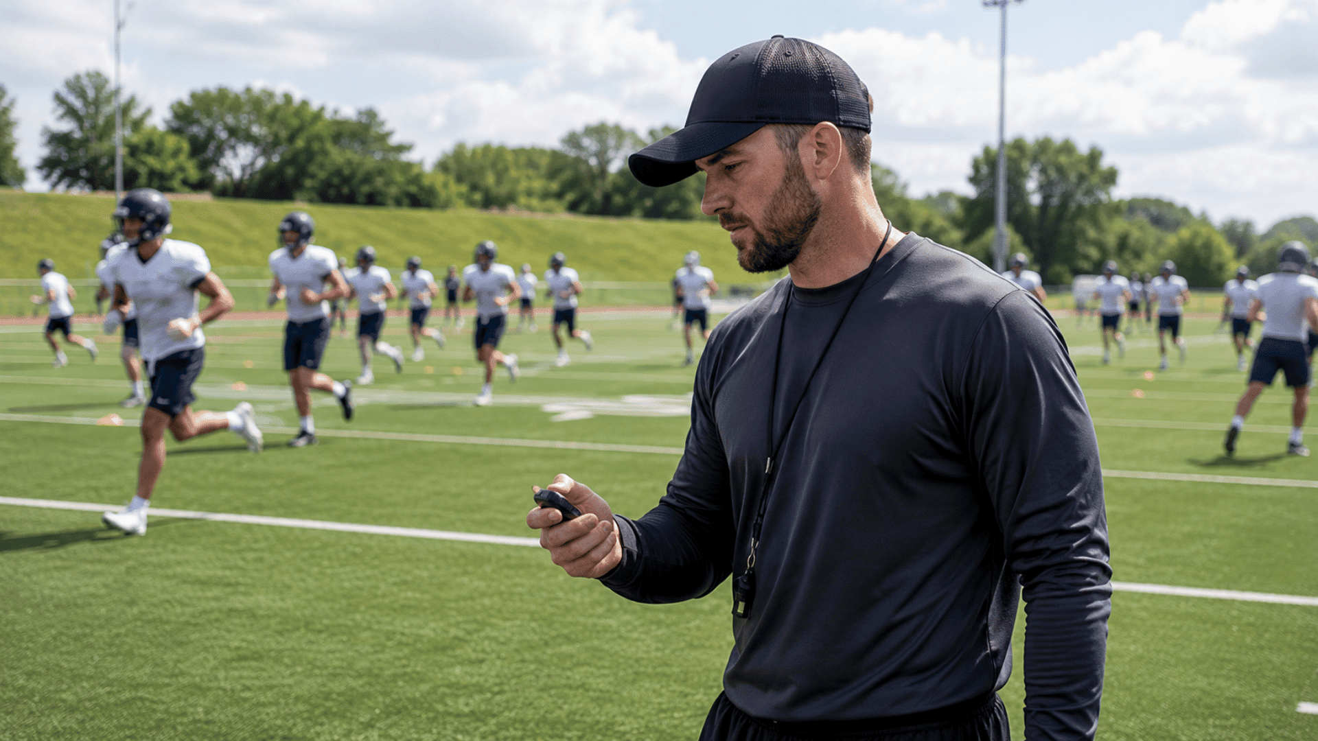 coach timing football conditioning drills with a stopwatch near the sideline as players run