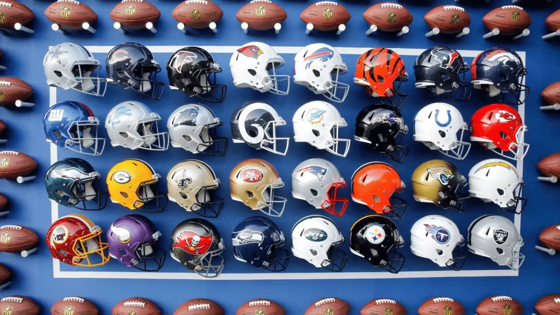 collection of football helmets and footballs arranged on blue display surface