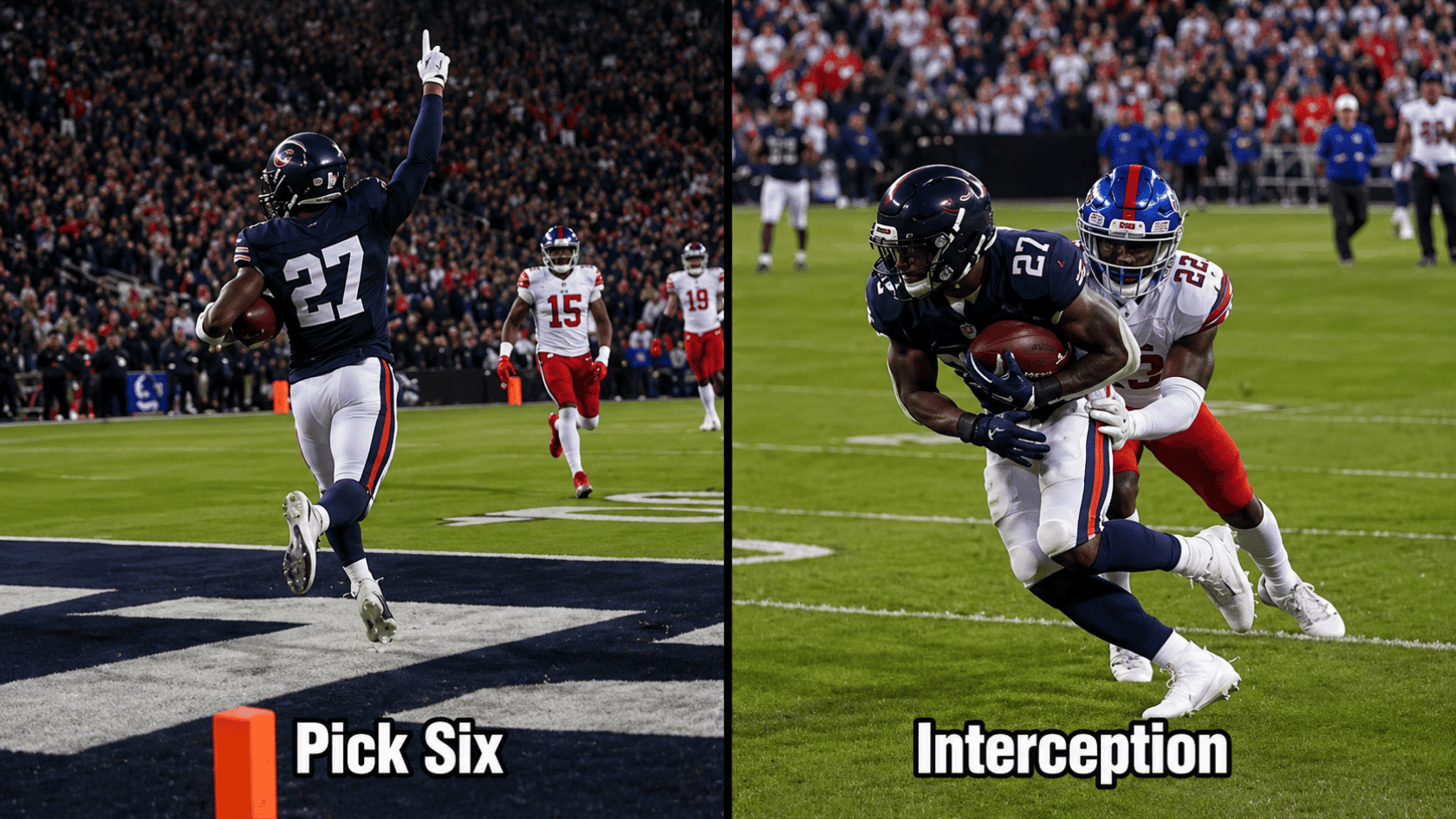 dark blue defender scores a pick six while another interception ends with a tackle