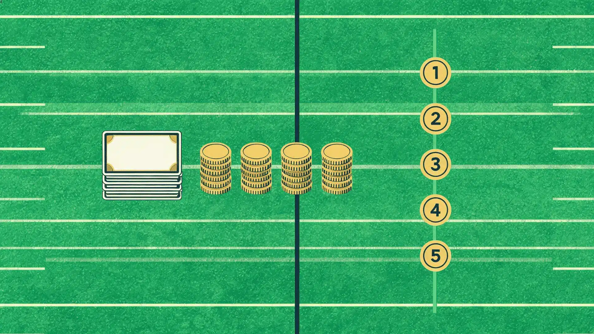 faab bid cards and coin stacks on football field beside ranked waiver priority markers