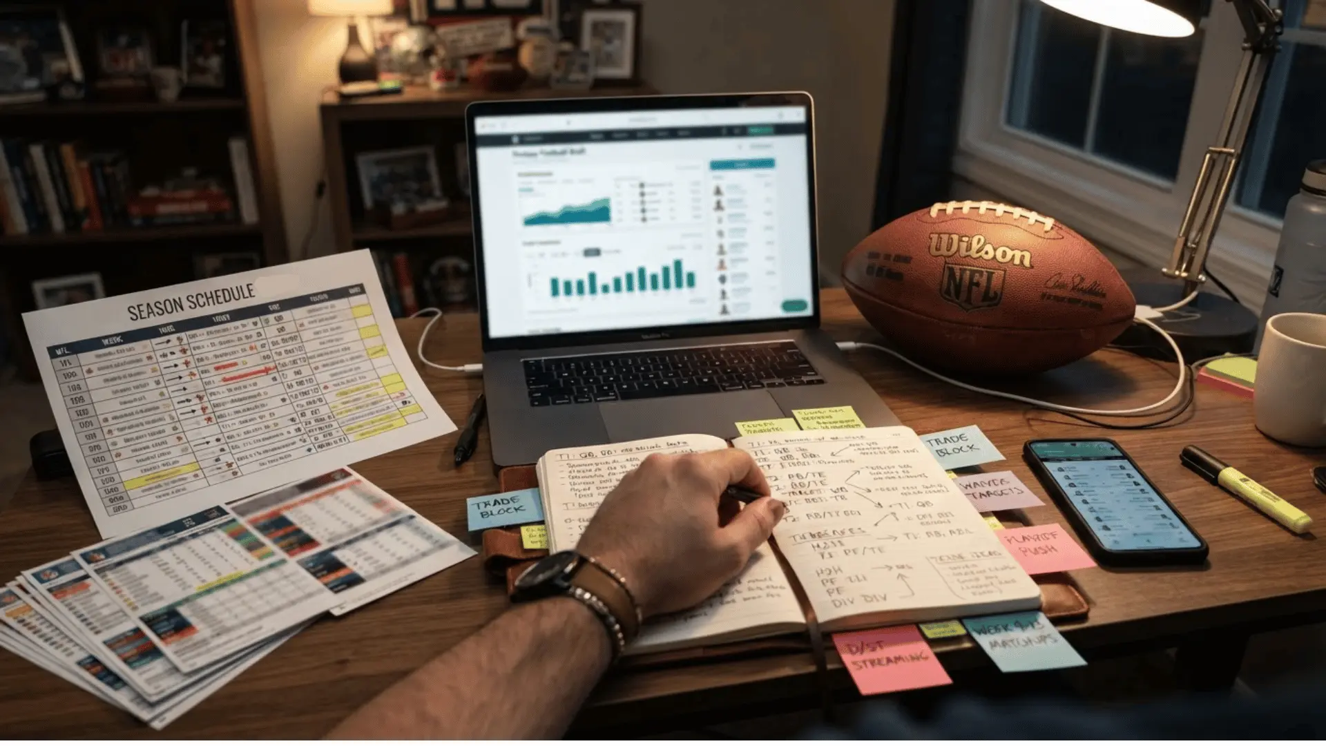 fantasy football manager comparing strength of schedule data player rankings and trade notes at a desk