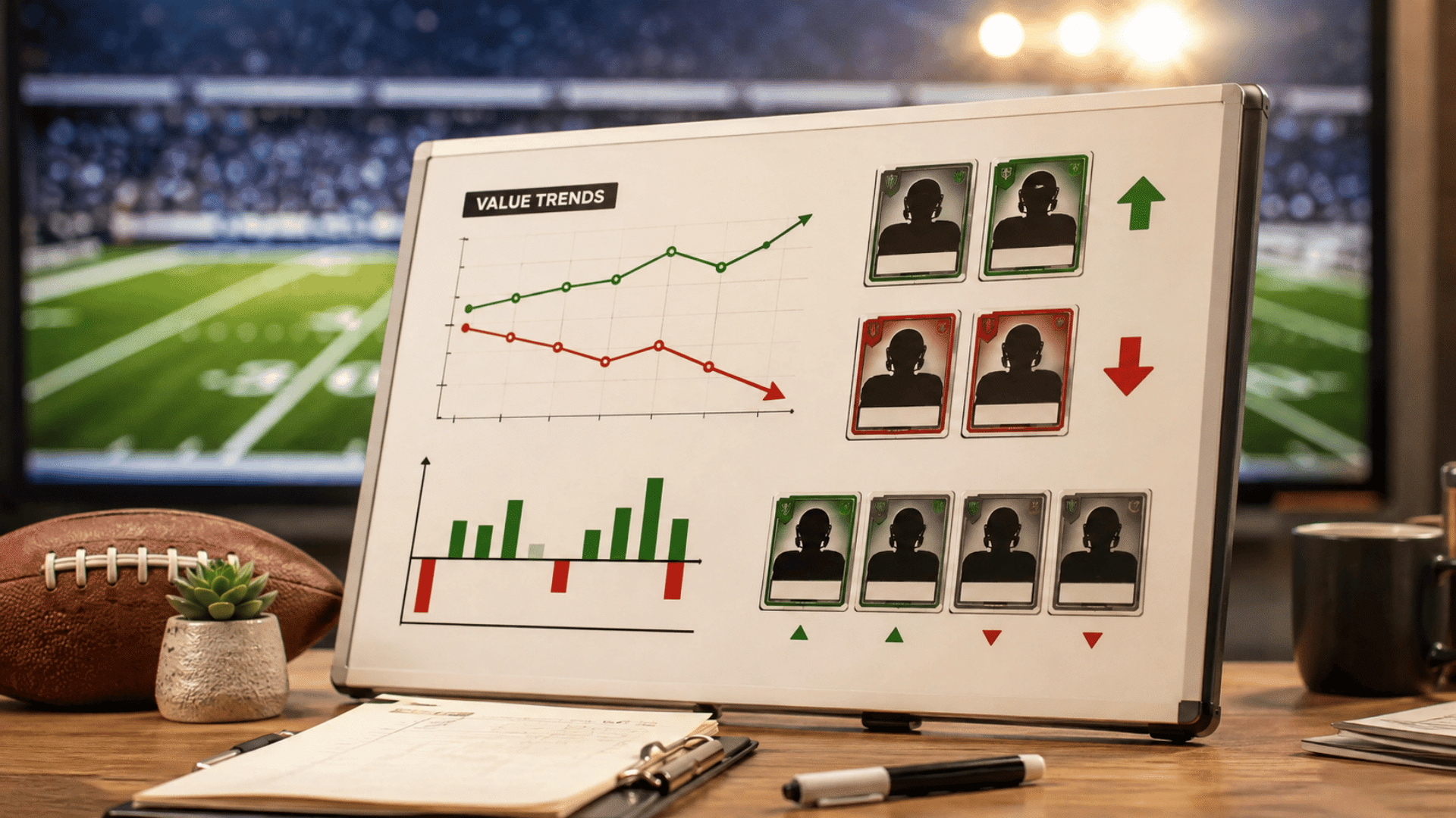 fantasy football value trends board with rising and falling player charts in front of a blurred football field