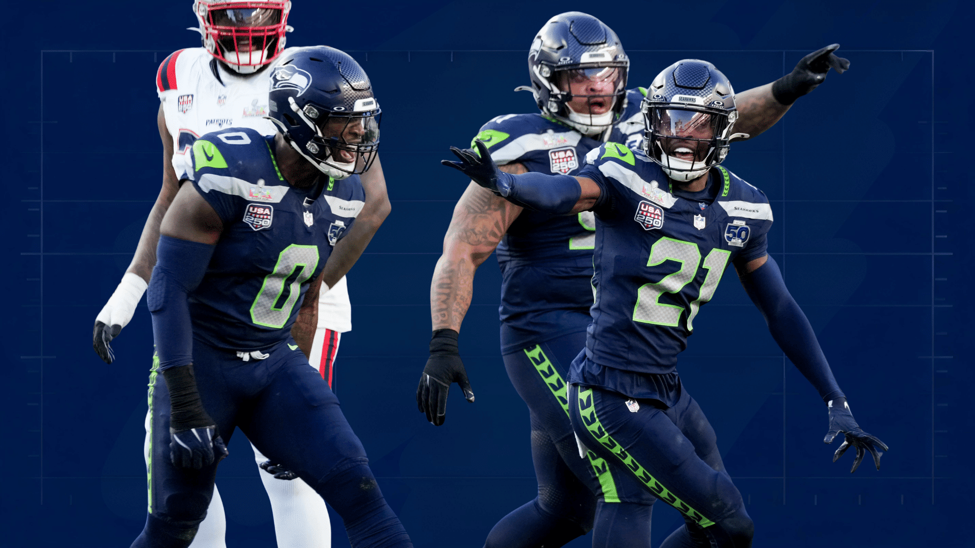 seattle football defenders celebrating on field with opponent behind them on dark blue backdrop