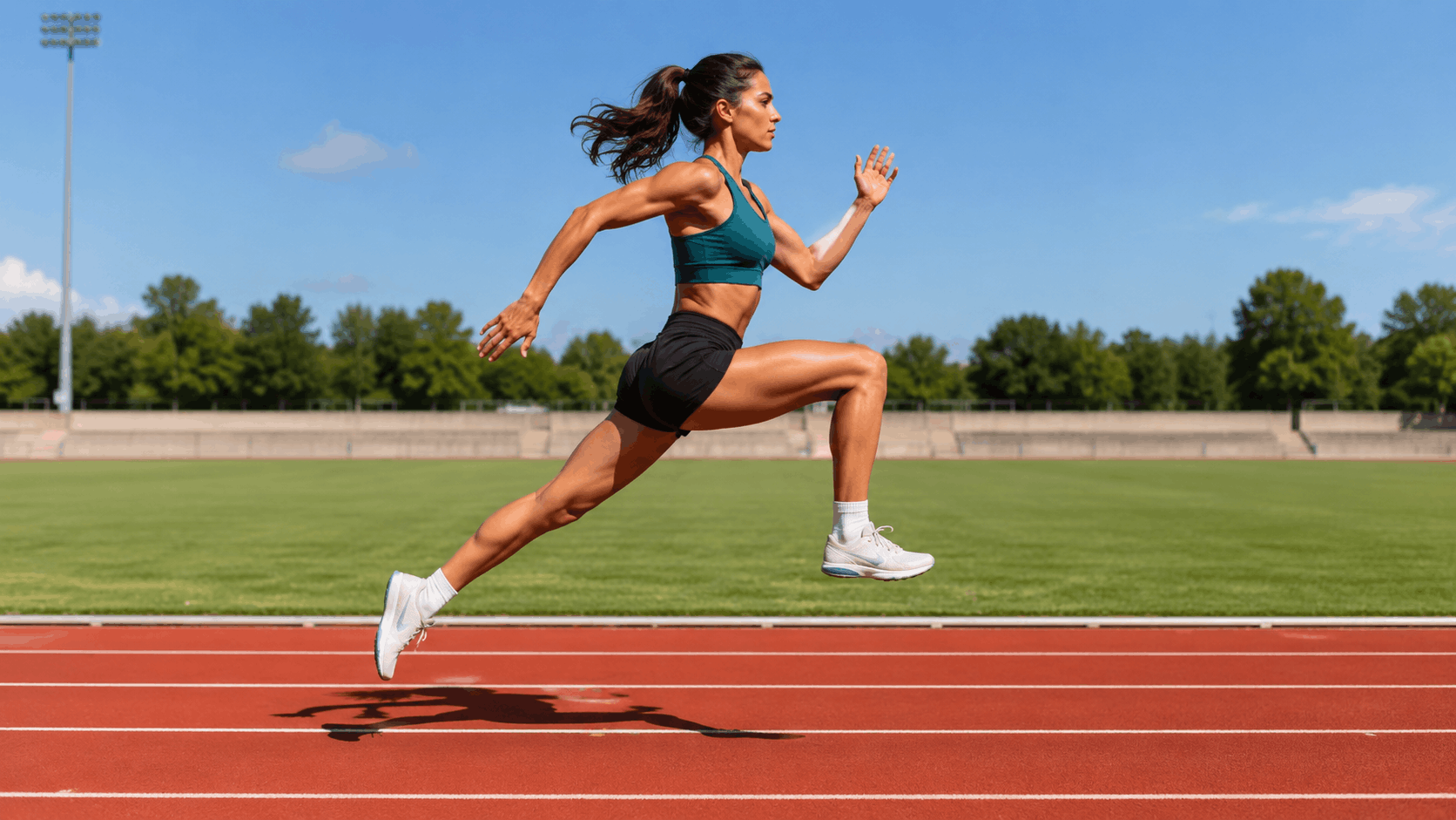 female athlete performing a bounding sprint with powerful leg extension and knee drive on a blue outdoor track